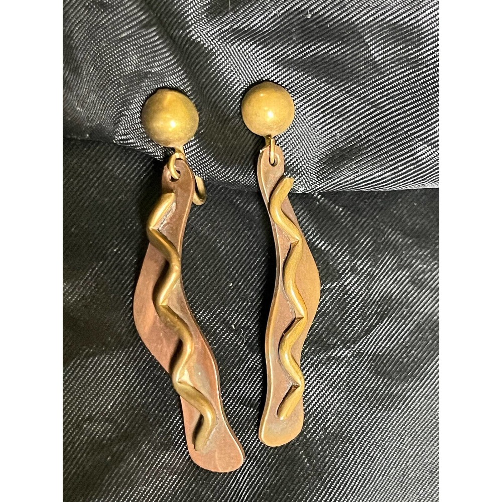 Vintage Artisan Copper Drop Dangle Earrings Modernist Style 2"x1/4" Copper Jewel